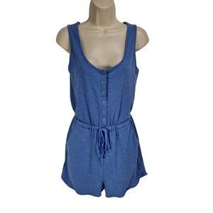 PRETTYGARDEN Women Size S Short Romper Jumpsuit Blue 1/4 Snap Up Crew Neck  292P